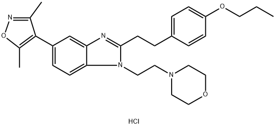 5-(3,5-ジメチルイソオキサゾール-4-イル)-1-(2-モルホリノエチル)-2-(4-プロピルオキシフェネチル)-1H-ベンゾイミダゾール 化学構造式
