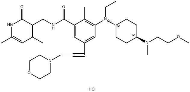 Benzamide, N-[(1,2-dihydro-4,6-dimethyl-2-oxo-3-pyridinyl)methyl]-3-[ethyl[trans-4-[(2-methoxyethyl)methylamino]cyclohexyl]amino]-2-methyl-5-[3-(4-morpholinyl)-1-propyn-1-yl]-, hydrochloride (1:1) Struktur