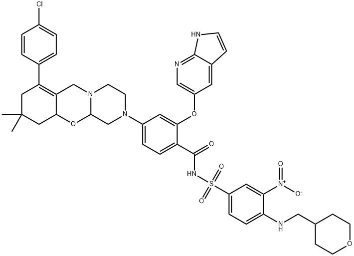 Benzamide, 4-[7-(4-chlorophenyl)-1,3,4,8,9,10,10a,11a-octahydro-9,9-dimethyl-2H,6H-pyrazino[2,1-b][1,3]benzoxazin-2-yl]-N-[[3-nitro-4-[[(tetrahydro-2H-pyran-4-yl)methyl]amino]phenyl]sulfonyl]-2-(1H-pyrrolo[2,3-b]pyridin-5-yloxy)- Struktur