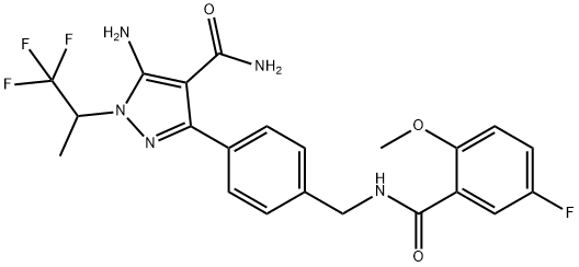 1H-Pyrazole-4-carboxamide, 5-amino-3-[4-[[(5-fluoro-2-methoxybenzoyl)amino]methyl]phenyl]-1-(2,2,2-trifluoro-1-methylethyl)- Struktur