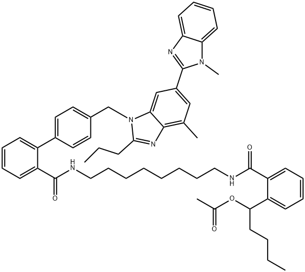 [1,1'-Biphenyl]-2-carboxamide, N-[8-[[2-[1-(acetyloxy)pentyl]benzoyl]amino]octyl]-4'-[(1,4'-dimethyl-2'-propyl[2,6'-bi-1H-benzimidazol]-1'-yl)methyl]- Structure