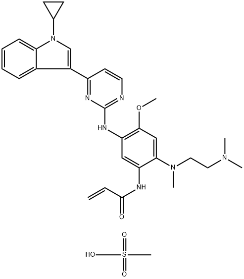 2-Propenamide, N-[5-[[4-(1-cyclopropyl-1H-indol-3-yl)-2-pyrimidinyl]amino]-2-[[2-(dimethylamino)ethyl]methylamino]-4-methoxyphenyl]-, compd. with methanesulfonate (1:1) Structure