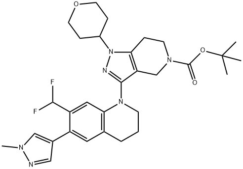 5H-Pyrazolo[4,3-c]pyridine-5-carboxylic acid, 3-[7-(difluoromethyl)-3,4-dihydro-6-(1-methyl-1H-pyrazol-4-yl)-1(2H)-quinolinyl]-1,4,6,7-tetrahydro-1-(tetrahydro-2H-pyran-4-yl)-, 1,1-dimethylethyl ester Structure