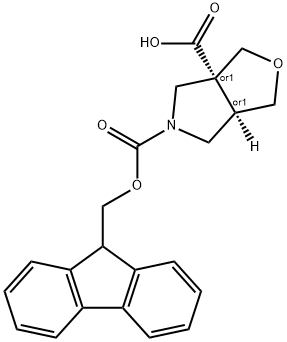 rac-(3aR,6aR)-5-{[(9H-fluoren-9-yl)methoxy]carbonyl}-hexahydro-1H-furo[3,4-c]pyrrole-3a-carboxylic acid Struktur