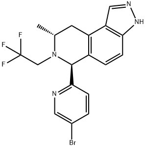 3H-Pyrazolo[4,3-f]isoquinoline, 6-(5-bromo-2-pyridinyl)-6,7,8,9-tetrahydro-8-methyl-7-(2,2,2-trifluoroethyl)-, (6S,8R)- Struktur