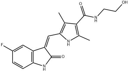 1H-Pyrrole-3-carboxamide, 5-[(Z)-(5-fluoro-1,2-dihydro-2-oxo-3H-indol-3-ylidene)methyl]-N-(2-hydroxyethyl)-2,4-dimethyl- Struktur