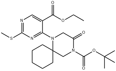 1,4-Diazaspiro[5.5]undecane-4-carboxylic acid, 1-[5-(ethoxycarbonyl)-2-(methylthio)-4-pyrimidinyl]-3-oxo-, 1,1-dimethylethyl ester 结构式