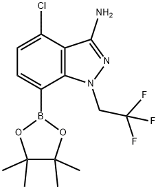 1H-Indazol-3-amine, 4-chloro-7-(4,4,5,5-tetramethyl-1,3,2-dioxaborolan-2-yl)-1-(2,2,2-trifluoroethyl)- Struktur
