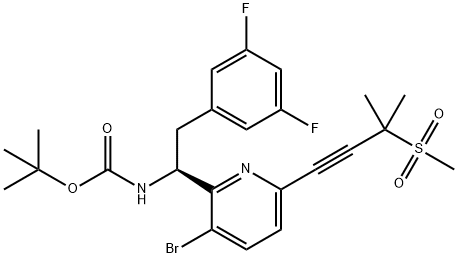 Carbamic acid, N-[(1S)-1-[3-bromo-6-[3-methyl-3-(methylsulfonyl)-1-butyn-1-yl]-2-pyridinyl]-2-(3,5-difluorophenyl)ethyl]-, 1,1-dimethylethyl ester Struktur