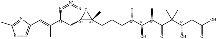 2-Oxiraneundecanoic acid, 3-[(2S,3E)-2-azido-3-methyl-4-(2-methyl-4-thiazolyl)-3-buten-1-yl]-β,ζ-dihydroxy-γ,γ,ε,η,2-pentamethyl-δ-oxo-, (βS,εR,ζS,ηS,2R,3S)-,219990-23-5,结构式