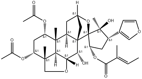 2-Butenoic acid,2-methyl-,(1R,1'S,2S,3'R,3'aR,4S,5S,5'aR,6'S,6'aS,9'S,10'aR,10'bR,10'cR)-1',3'-bis(acetyloxy)-4-(3-furanyl)decahydro-5,6'-dihydroxy-3'a,5,10'b-trimethylspiro[cyclopentane-1,7'-[7H-6a,9]methano[1H,4H]furo[2',3',4':4,5]naphtho[2,1-c]pyran]-2-ylester, (2E)- (9CI) Struktur