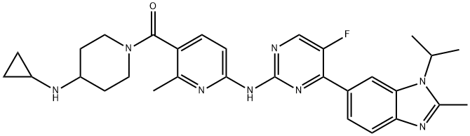 Methanone, [4-(cyclopropylamino)-1-piperidinyl][6-[[5-fluoro-4-[2-methyl-1-(1-methylethyl)-1H-benzimidazol-6-yl]-2-pyrimidinyl]amino]-2-methyl-3-pyridinyl]- Struktur