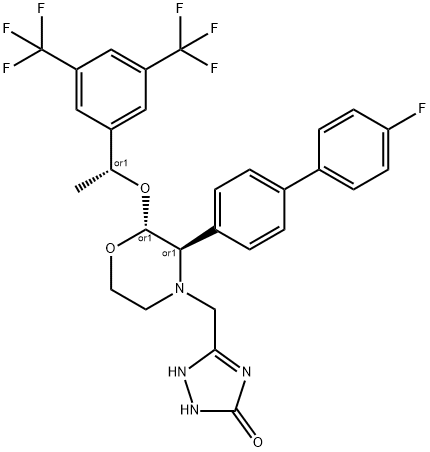 3H-1,2,4-Triazol-3-one, 5-[[(2R,3R)-2-[(1R)-1-[3,5-bis(trifluoromethyl)phenyl]ethoxy]-3-(4'-fluoro[1,1'-biphenyl]-4-yl)-4-morpholinyl]methyl]-1,2-dihydro-, rel- Struktur