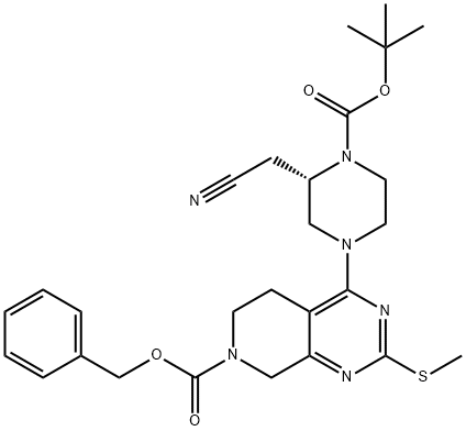 Pyrido[3,4-d]pyrimidine-7(6H)-carboxylic acid, 4-[(3S)-3-(cyanomethyl)-4-[(1,1-dimethylethoxy)carbonyl]-1-piperazinyl]-5,8-dihydro-2-(methylthio)-, phenylmethyl ester 结构式