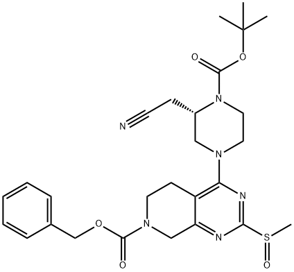 Pyrido[3,4-d]pyrimidine-7(6H)-carboxylic acid, 4-[(3S)-3-(cyanomethyl)-4-[(1,1-dimethylethoxy)carbonyl]-1-piperazinyl]-5,8-dihydro-2-(methylsulfinyl)-, phenylmethyl ester 结构式