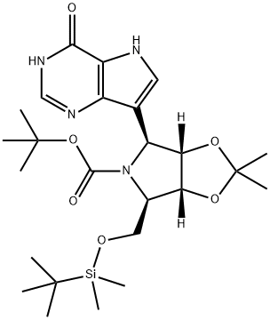 5H-1,3-Dioxolo4,5-cpyrrole-5-carboxylic acid, 4-(4,5-dihydro-4-oxo-1H-pyrrolo3,2-dpyrimidin-7-yl)-6-(1,1-dimethylethyl)dimethylsilyloxymethyltetrahydro-2,2-dimethyl-, 1,1-dimethylethyl ester, (3aS,4S,6R,6aR)- Struktur