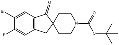 Spiro[2H-indene-2,4'-piperidine]-1'-carboxylic acid, 5-bromo-6-fluoro-1,3-dihydro-3-oxo-, 1,1-dimethylethyl ester 化学構造式