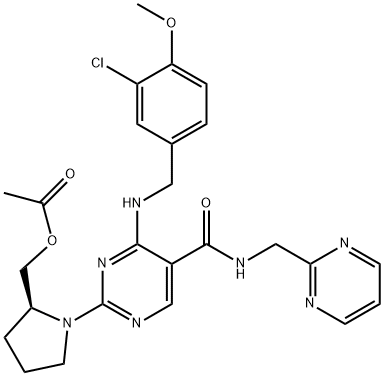(S)-(1-(4-((3-氯-4-甲氧基苄基)氨基)-5-((嘧啶-2-基甲基)氨基甲酰基)嘧啶-2-基)吡咯烷-2-基)甲基 乙酸酯, 2265230-80-4, 结构式