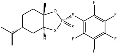 1,3,2-Benzoxathiaphosphole, hexahydro-7a-methyl-5-(1-methylethenyl)-2-[(2,3,4,5,6-pentafluorophenyl)thio]-, 2-sulfide, (2R,3aS,5R,7aS)- Struktur