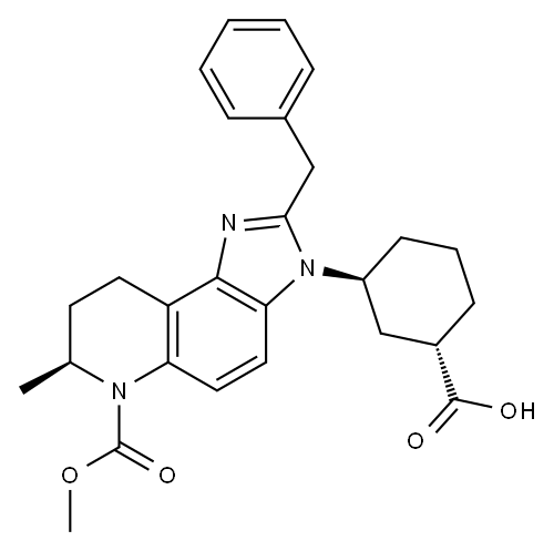 6H-Imidazo[4,5-f]quinoline-6-carboxylic acid, 3-[(1S,3S)-3-carboxycyclohexyl]-3,7,8,9-tetrahydro-7-methyl-2-(phenylmethyl)-, 6-methyl ester, (7S)- Structure