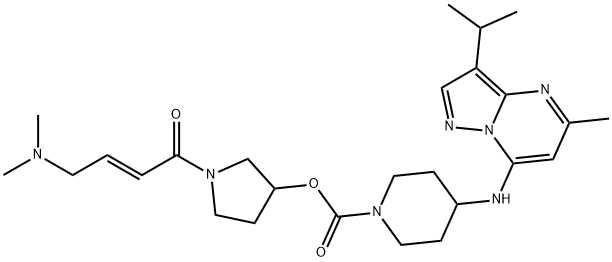 1-Piperidinecarboxylic acid, 4-[[5-methyl-3-(1-methylethyl)pyrazolo[1,5-a]pyrimidin-7-yl]amino]-, 1-[(2E)-4-(dimethylamino)-1-oxo-2-buten-1-yl]-3-pyrrolidinyl ester, 2326428-25-3, 结构式