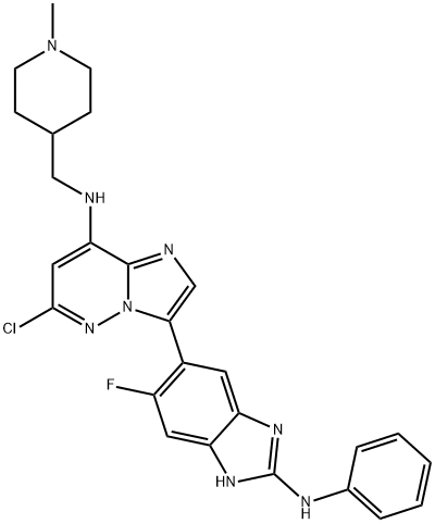 Imidazo[1,2-b]pyridazin-8-amine, 6-chloro-3-[6-fluoro-2-(phenylamino)-1H-benzimidazol-5-yl]-N-[(1-methyl-4-piperidinyl)methyl]- Structure