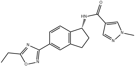 1H-Pyrazole-4-carboxamide, N-[(1R)-5-(5-ethyl-1,2,4-oxadiazol-3-yl)-2,3-dihydro-1H-inden-1-yl]-1-methyl- Struktur