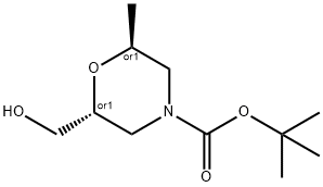 4-Morpholinecarboxylic acid, 2-(hydroxymethyl)-6-methyl-, 1,1-dimethylethyl ester, (2R,6S)-rel- Struktur