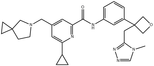 2-Pyridinecarboxamide, 4-(5-azaspiro[2.4]hept-5-ylmethyl)-6-cyclopropyl-N-[3-[3-[(4-methyl-4H-1,2,4-triazol-3-yl)methyl]-3-oxetanyl]phenyl]- Structure
