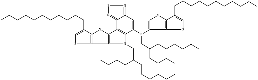 12,13-bis(2-butyloctyl)-3,9-diundecyl-12,13-dihydro-[1,2,5]thiadiazolo[3,4-e]thieno[2'',3'':4',5']thieno[2',3':4,5]pyrrolo[3,2-g]thieno[2',3':4,5]thieno[3,2-b]indole-2,10-dicarbaldehyde Struktur