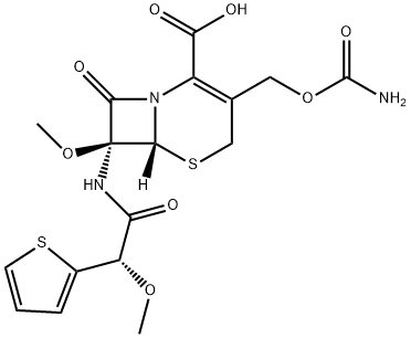 5-Thia-1-azabicyclo[4.2.0]oct-2-ene-2-carboxylic acid, 3-[[(aminocarbonyl)oxy]methyl]-7-methoxy-7-[[(2S)-2-methoxy-2-(2-thienyl)acetyl]amino]-8-oxo-, (6R,7S)- Struktur