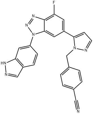 Benzonitrile, 4-[[5-[4-fluoro-1-(1H-indazol-6-yl)-1H-benzotriazol-6-yl]-1H-pyrazol-1-yl]methyl]-,2412019-99-7,结构式
