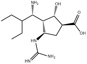 Cyclopentanecarboxylic acid, 3-[(1S)-1-amino-2-ethylbutyl]-4-[(aminoiminomethyl)amino]-2-hydroxy-, (1S,2S,3S,4R)- Structure