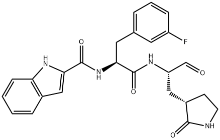 1H-Indole-2-carboxamide, N-[(1S)-1-[(3-fluorophenyl)methyl]-2-[[(1S)-1-formyl-2-[(3S)-2-oxo-3-pyrrolidinyl]ethyl]amino]-2-oxoethyl]- Struktur