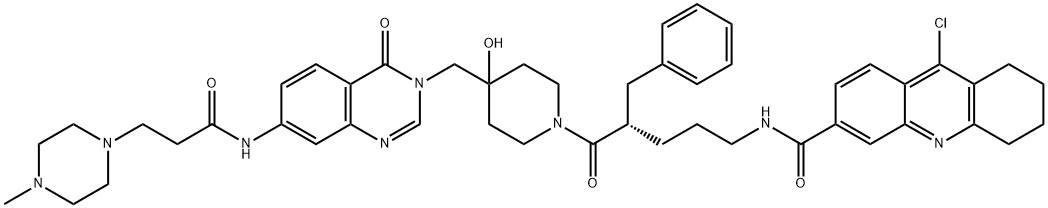 3-Acridinecarboxamide, 9-chloro-5,6,7,8-tetrahydro-N-[(4S)-5-[4-hydroxy-4-[[7-[[3-(4-methyl-1-piperazinyl)-1-oxopropyl]amino]-4-oxo-3(4H)-quinazolinyl]methyl]-1-piperidinyl]-5-oxo-4-(phenylmethyl)pentyl]- Struktur