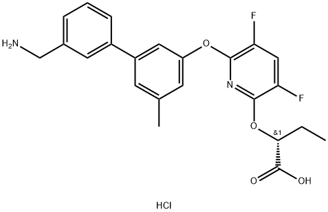 Butanoic acid, 2-[[6-[[3'-(aminomethyl)-5-methyl[1,1'-biphenyl]-3-yl]oxy]-3,5-difluoro-2-pyridinyl]oxy]-, hydrochloride (1:1), (2R)- 结构式