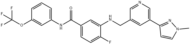 Benzamide, 4-fluoro-3-[[[5-(1-methyl-1H-pyrazol-3-yl)-3-pyridinyl]methyl]amino]-N-[3-(trifluoromethoxy)phenyl]- Struktur