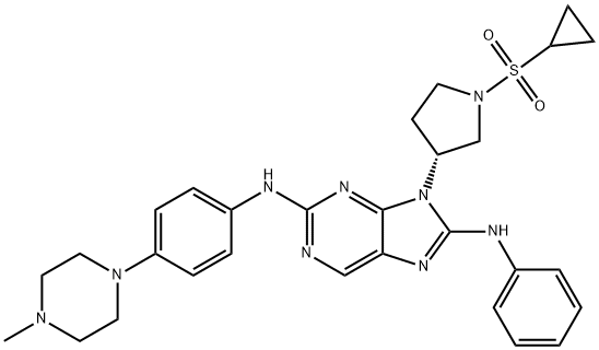 9H-Purine-2,8-diamine, 9-[(3R)-1-(cyclopropylsulfonyl)-3-pyrrolidinyl]-N2-[4-(4-methyl-1-piperazinyl)phenyl]-N8-phenyl- Structure