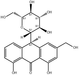 (10R)-10-β-D-グルコピラノシル-1,8-ジヒドロキシ-3-(ヒドロキシメチル)-9(10H)-アントラセノン 化学構造式