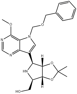 4H-1,3-Dioxolo4,5-cpyrrole-4-methanol, tetrahydro-6-4-methoxy-5-(phenylmethoxy)methyl-5H-pyrrolo3,2-dpyrimidin-7-yl-2,2-dimethyl-, (3aR,4R,6S,6aS)- Struktur