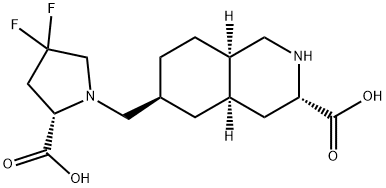 3-Isoquinolinecarboxylic acid, 6-[[(2S)-2-carboxy-4,4-difluoro-1-pyrrolidinyl]methyl]decahydro-, (3S,4aR,6S,8aR)- Struktur