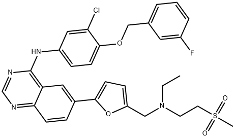 4-Quinazolinamine, N-[3-chloro-4-[(3-fluorophenyl)methoxy]phenyl]-6-[5-[[ethyl[2-(methylsulfonyl)ethyl]amino]methyl]-2-furanyl]- Struktur