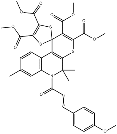 tetramethyl 6'-[(E)-3-(4-methoxyphenyl)prop-2-enoyl]-5',5',8'-trimethylspiro[1,3-dithiole-2,1'-thiopyrano[2,3-c]quinoline]-2',3',4,5-tetracarboxylate Structure