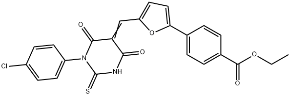 ethyl 4-[5-[(E)-[1-(4-chlorophenyl)-4,6-dioxo-2-sulfanylidene-1,3-diazinan-5-ylidene]methyl]furan-2-yl]benzoate 化学構造式