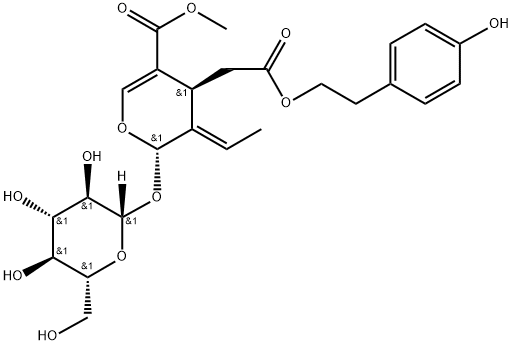 (2S)-3-[(E)-エチリデン]-2-(β-D-グルコピラノシルオキシ)-3,4-ジヒドロ-5-(メトキシカルボニル)-2H-ピラン-4α-酢酸2-(4-ヒドロキシフェニル)エチル 化学構造式