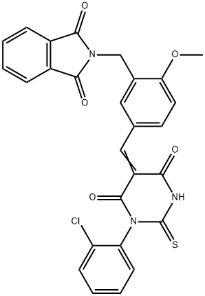 2-[[5-[(E)-[1-(2-chlorophenyl)-4,6-dioxo-2-sulfanylidene-1,3-diazinan-5-ylidene]methyl]-2-methoxyphenyl]methyl]isoindole-1,3-dione Structure
