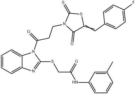 2-[1-[3-[(5E)-5-[(4-fluorophenyl)methylidene]-4-oxo-2-sulfanylidene-1,3-thiazolidin-3-yl]propanoyl]benzimidazol-2-yl]sulfanyl-N-(3-methylphenyl)acetamide Structure
