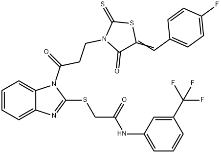 2-[1-[3-[(5E)-5-[(4-fluorophenyl)methylidene]-4-oxo-2-sulfanylidene-1,3-thiazolidin-3-yl]propanoyl]benzimidazol-2-yl]sulfanyl-N-[3-(trifluoromethyl)phenyl]acetamide Struktur