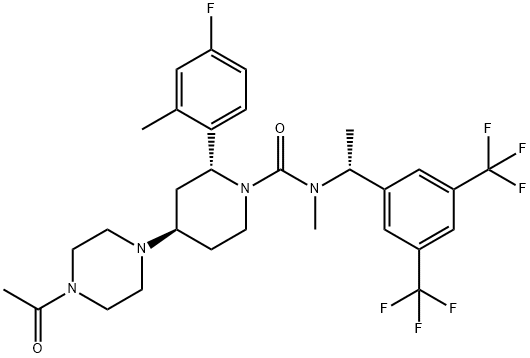 1-Piperidinecarboxamide, 4-(4-acetyl-1-piperazinyl)-N-[(1R)-1-[3,5-bis(trifluoromethyl)phenyl]ethyl]-2-(4-fluoro-2-methylphenyl)-N-methyl-, (2R,4R)- Structure