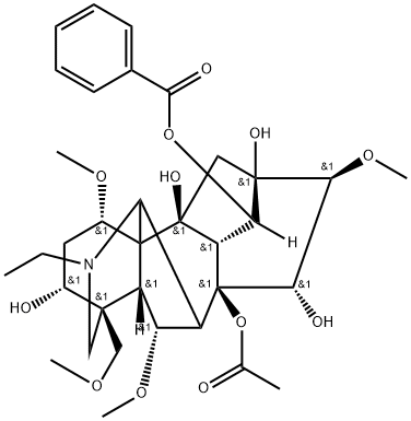 20-エチル-1α,6α,16β-トリメトキシ-4-(メトキシメチル)アコニタン-3α,8,10,13,14α,15α-ヘキサオール8-アセタート14-ベンゾアート 化学構造式